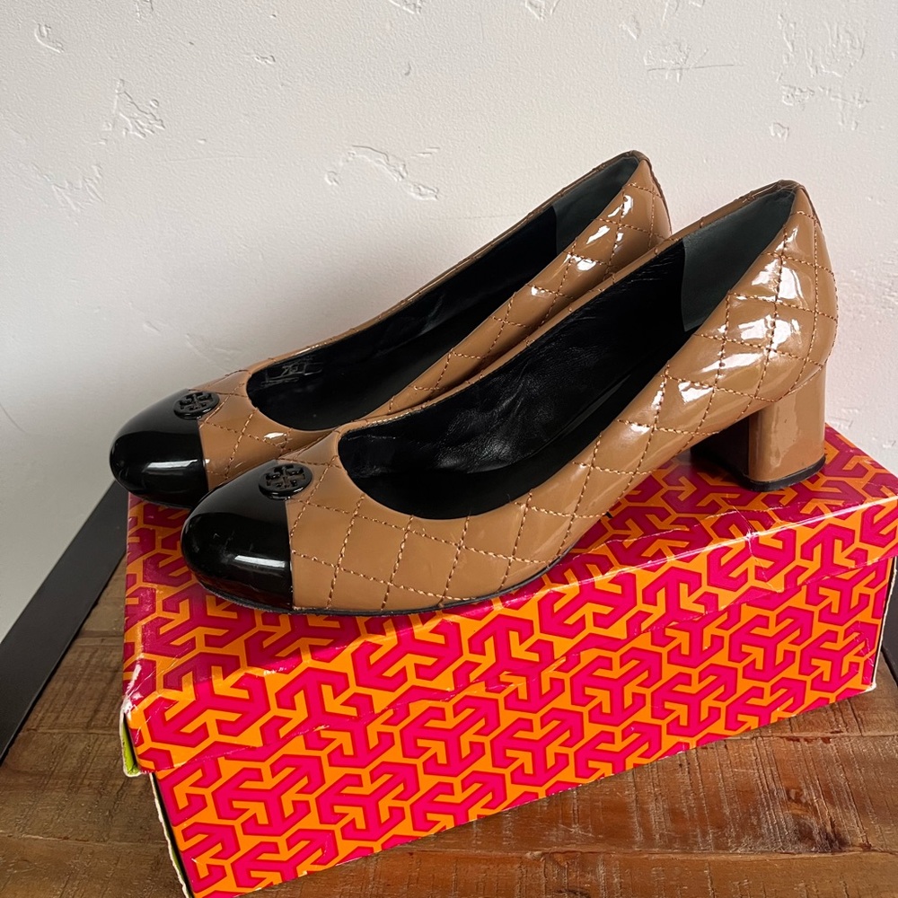 Tory Burch Kaitlin Ballet Patent Quilted Block Heel Pumps - Sand & Black